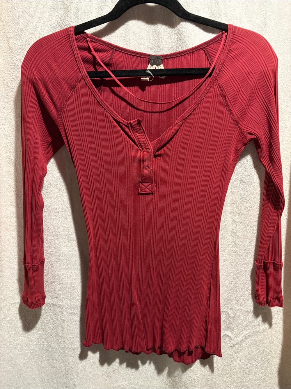 We The Free Ribbed Long-Sleeve Henley Top - Deep Coral